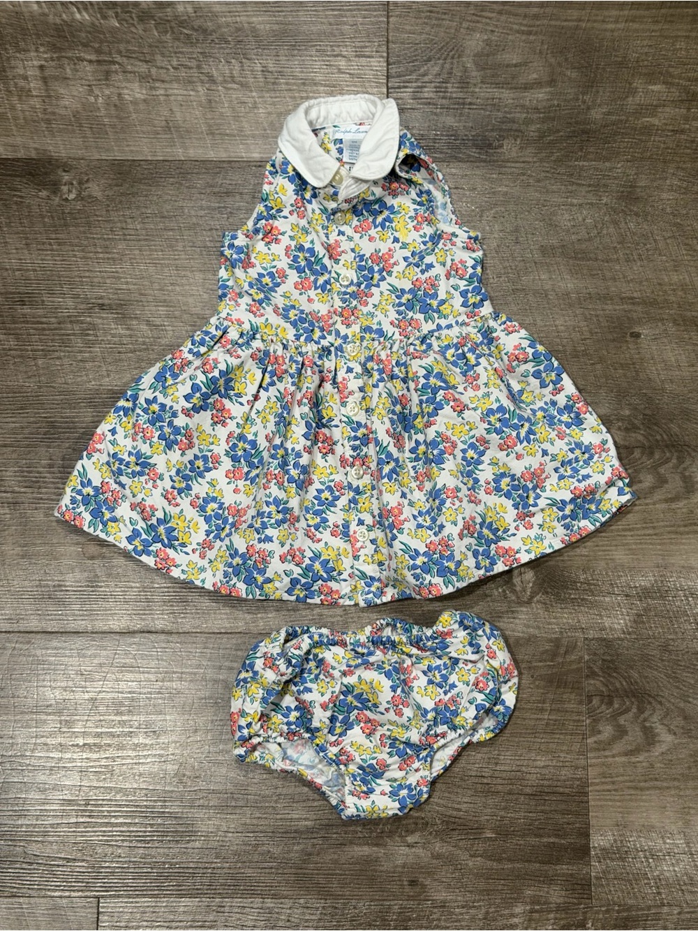 Ralph Lauren Baby Girl Collared Floral Dress Two Piece Set Size 6 Months.